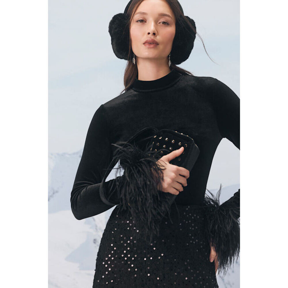Lulus Malva Black Velvet Feather Cuff Long Sleeve Top - Size S